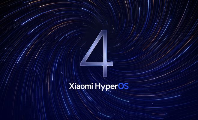 Logotipo de Xiaomi HyperOS centrado con un gran número 4 sobre un fondo de partículas de luz en espiral azul.