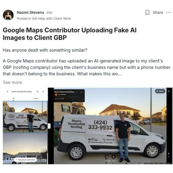 Captura de una publicación en redes sociales sobre el uso de imágenes generadas por IA con números de teléfono falsos en perfiles de empresa de Google.