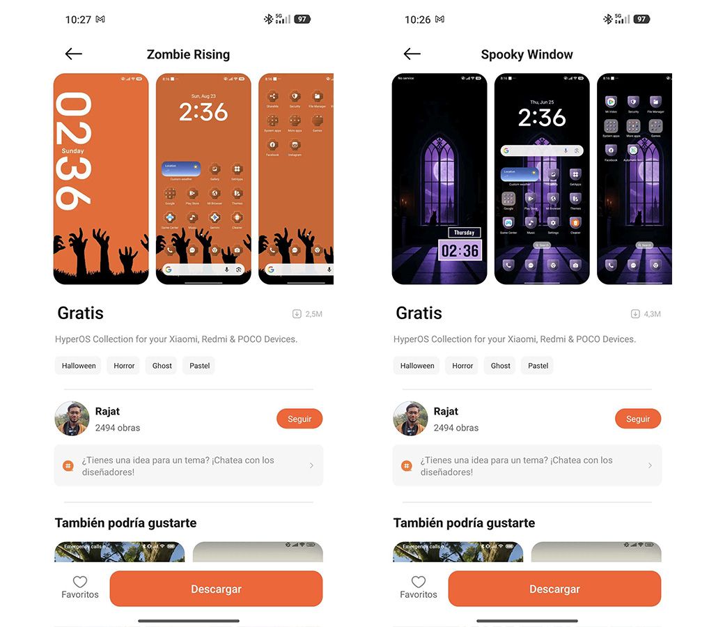 Interfaz de la aplicación de temas de Xiaomi mostrando las opciones de personalización Zombie Rising y Spooky Window para HyperOS.