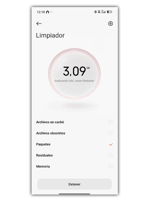 Pantalla de análisis de la aplicación Limpiador de Xiaomi mostrando 3,09 GB de archivos para eliminar.