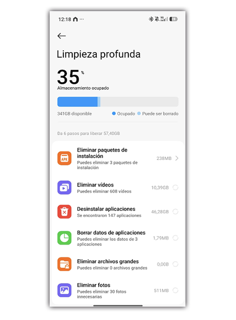 Menú de limpieza profunda en un móvil Xiaomi con opciones para eliminar archivos y liberar almacenamiento.