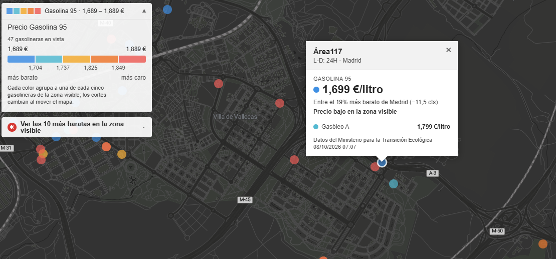Interfaz de un mapa interactivo con puntos de colores que indican el precio de la gasolina 95 y el gasóleo A en Madrid.