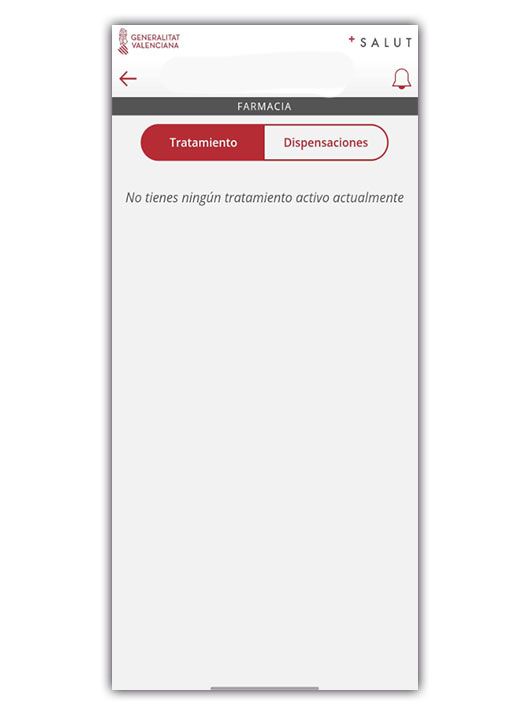 Interfaz de la aplicación de salud de la Generalitat Valenciana mostrando la sección de farmacia sin tratamientos activos.