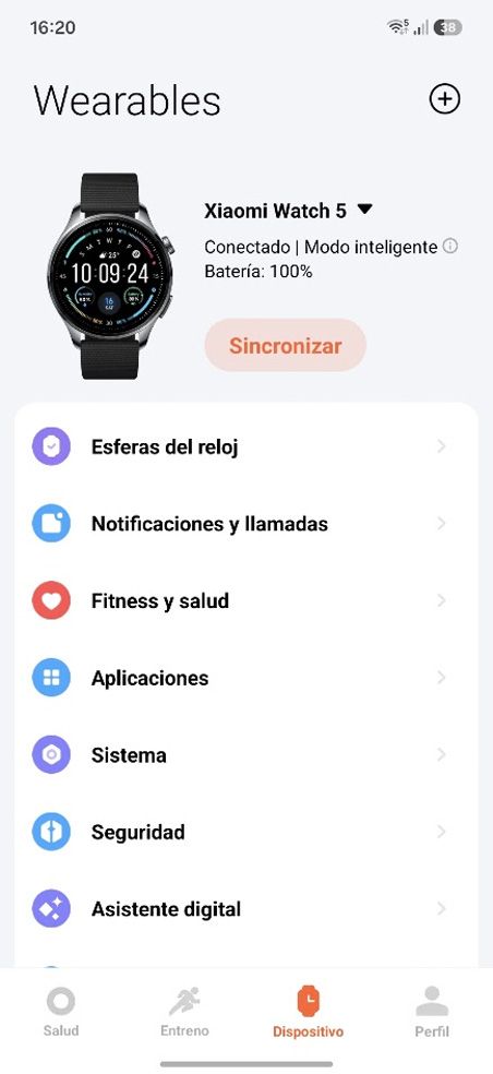 Interfaz de la aplicación Mi Fitness de Xiaomi mostrando el menú de configuración de un Xiaomi Watch S.