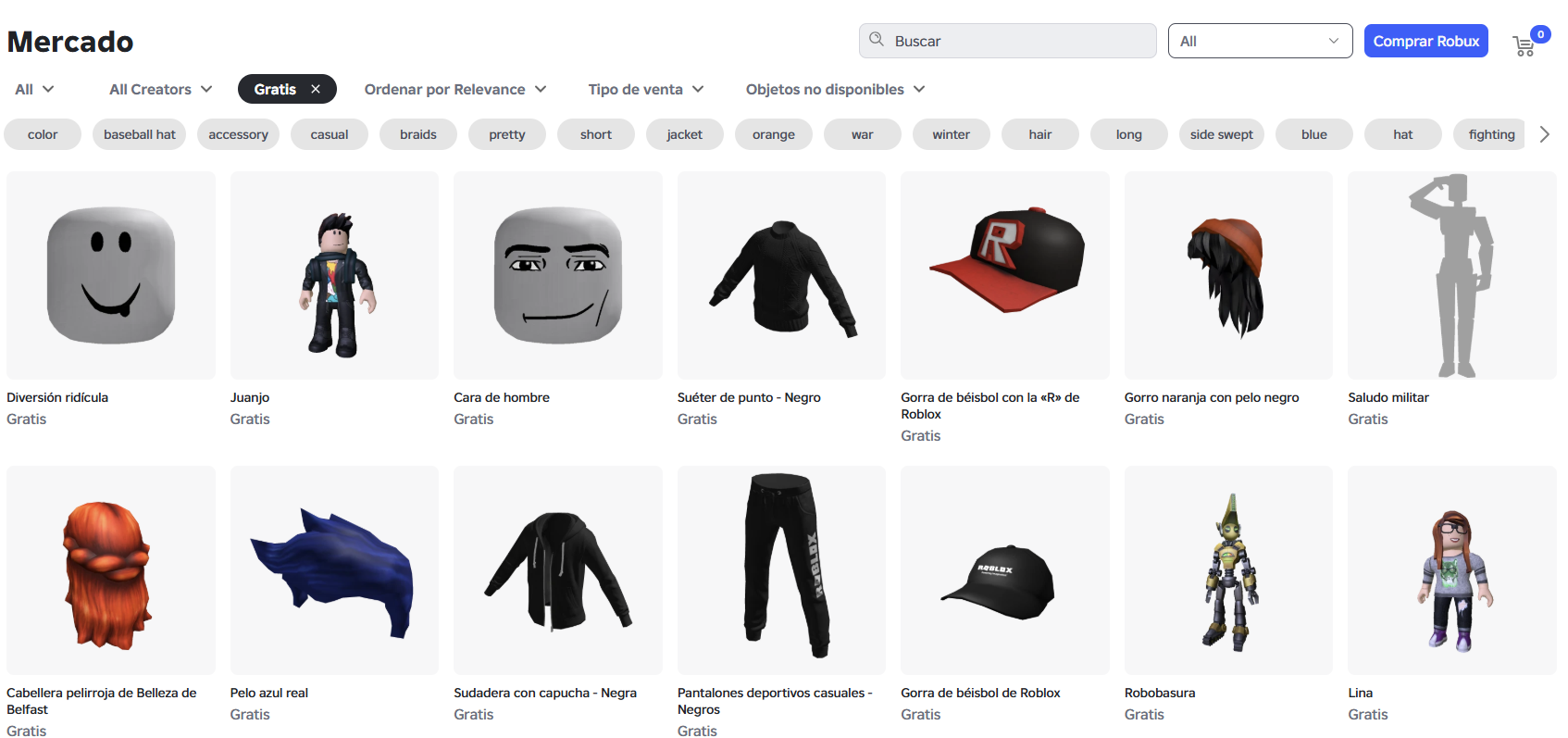 Interfaz del Mercado de Roblox con una cuadrícula de objetos, ropa y accesorios gratuitos para avatares.