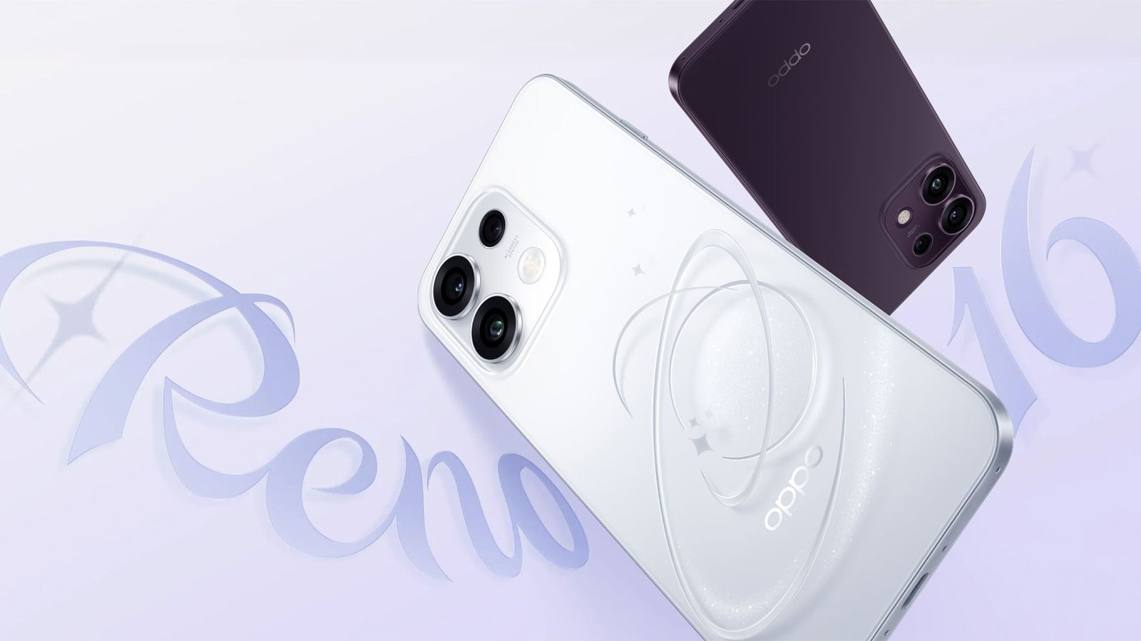 Parte posterior de los teléfonos inteligentes OPPO-Reno16 en colores blanco y púrpura con su módulo de cámaras traseras.