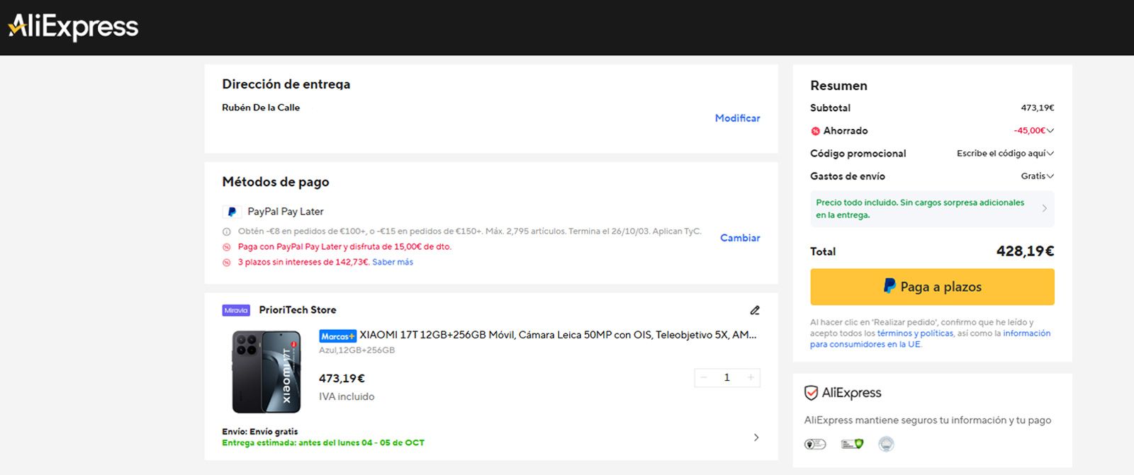 Interfaz de compra de AliExpress mostrando el resumen de pedido de un Xiaomi 17T con descuento aplicado.