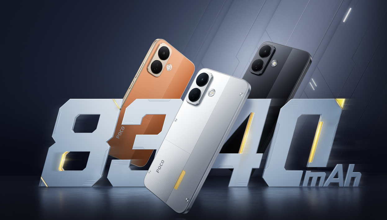Tres terminales POCO X8 en colores naranja, blanco y negro junto a la cifra de capacidad de batería 8340 mAh.