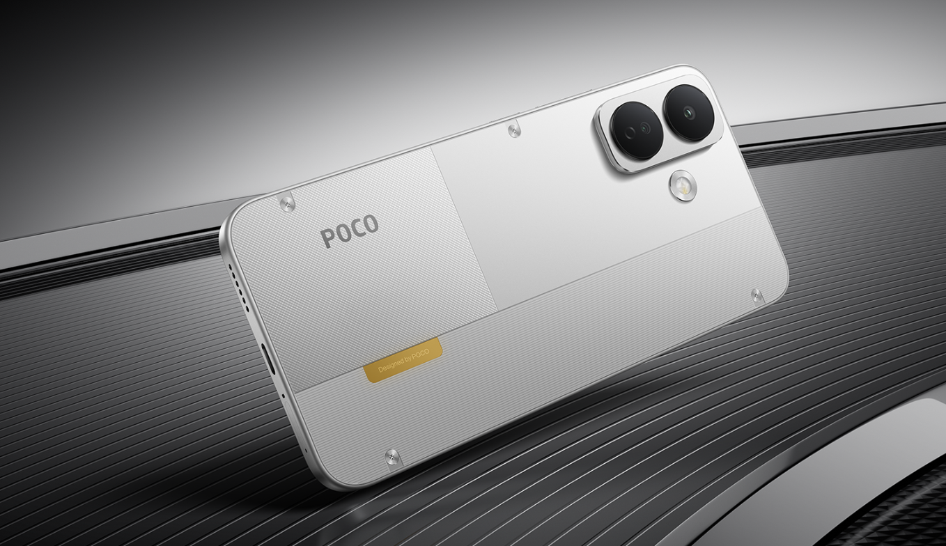 Parte trasera del POCO X8 en color blanco con detalles de tornillos y módulo de cámara doble.