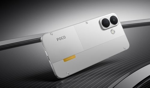 Vista trasera del teléfono inteligente POCO X8 en color blanco con su doble cámara y logotipo.