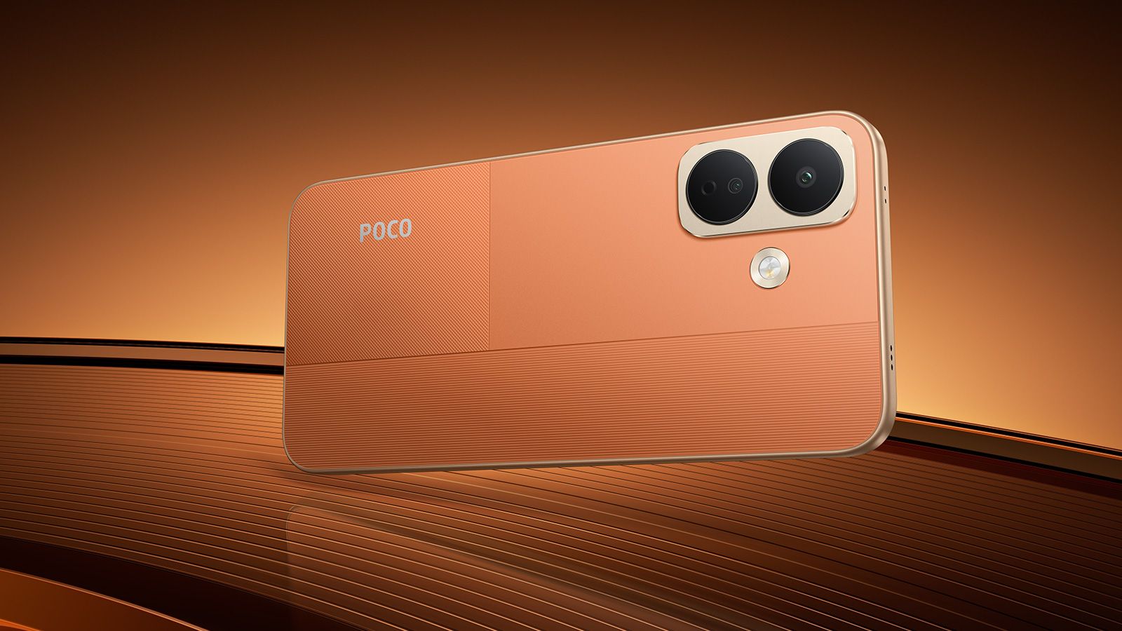 Parte trasera de un teléfono POCO X8 en color naranja con doble cámara y flash LED.
