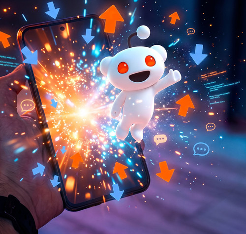 Snoo, el personaje de Reddit, saliendo de la pantalla de un teléfono móvil entre flechas de votos positivos y negativos.