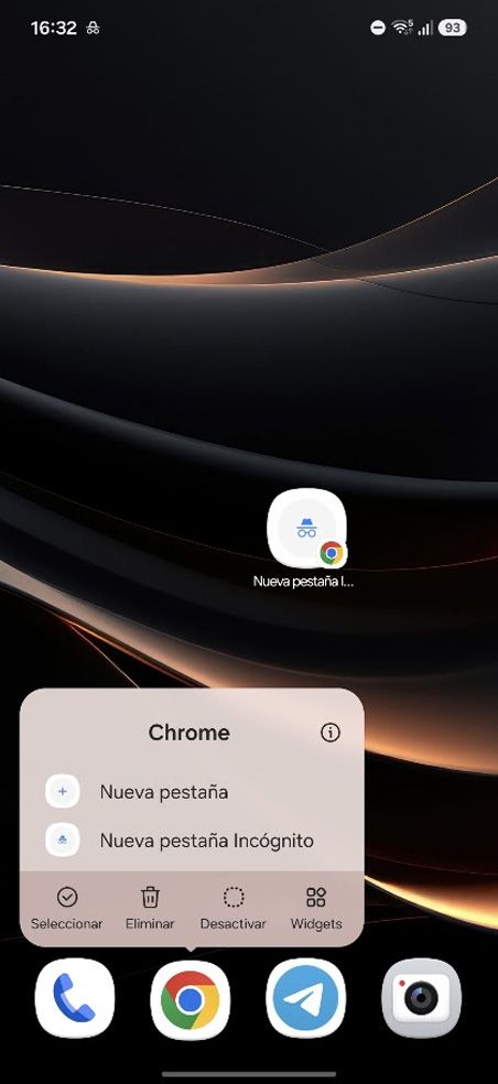 Menú contextual del icono de Google Chrome en un teléfono móvil con las opciones de abrir una nueva pestaña o una pestaña de incógnito.