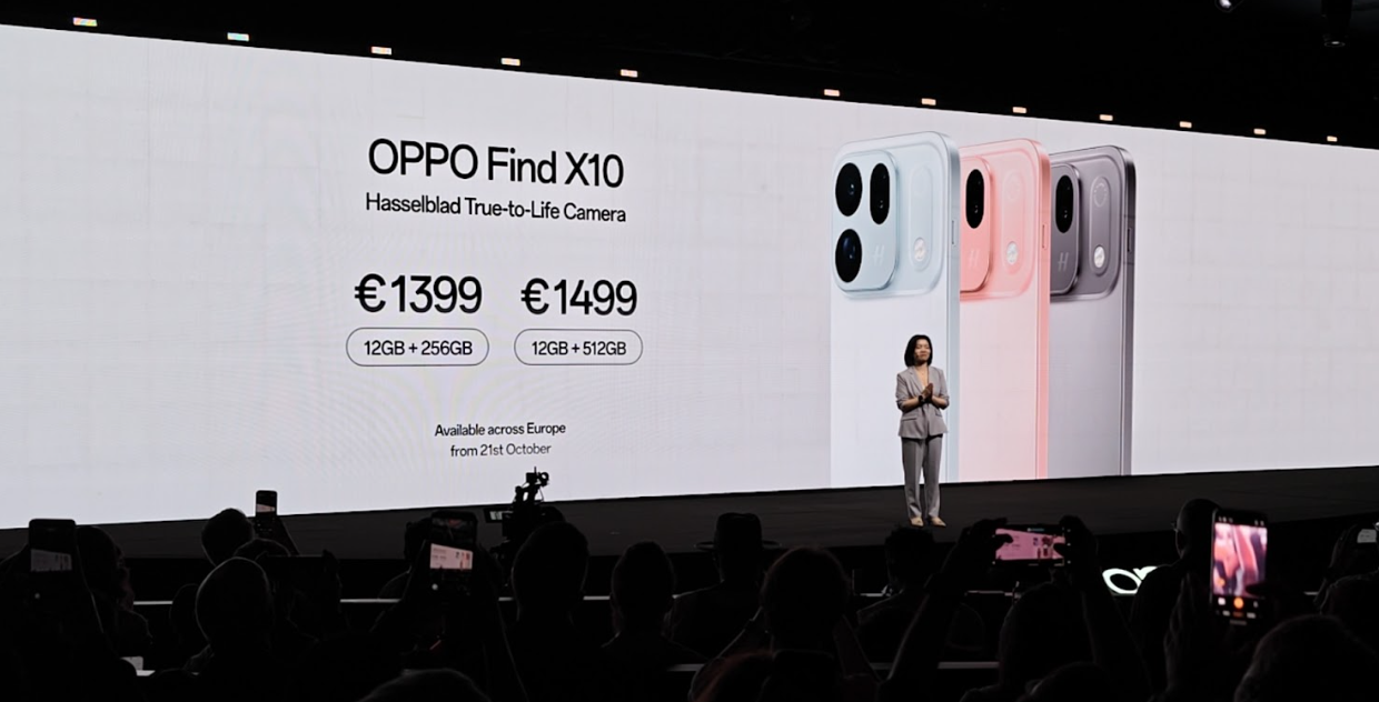 Presentación oficial de los precios del OPPO Find X10 en Europa durante un evento tecnológico.
