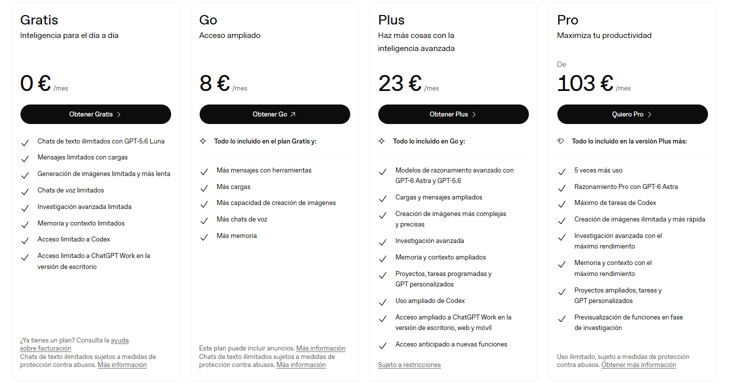 Cuadro comparativo de las tarifas Gratis, Go, Plus y Pro de ChatGPT con sus respectivos precios y funciones incluidas.