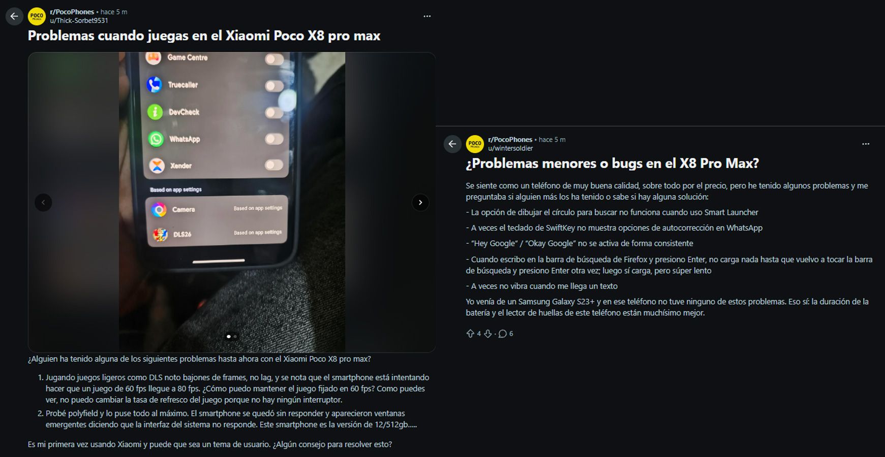 Compilación de publicaciones en Reddit donde usuarios reportan fallos de rendimiento y bugs menores en el Xiaomi POCO X8 Pro Max.