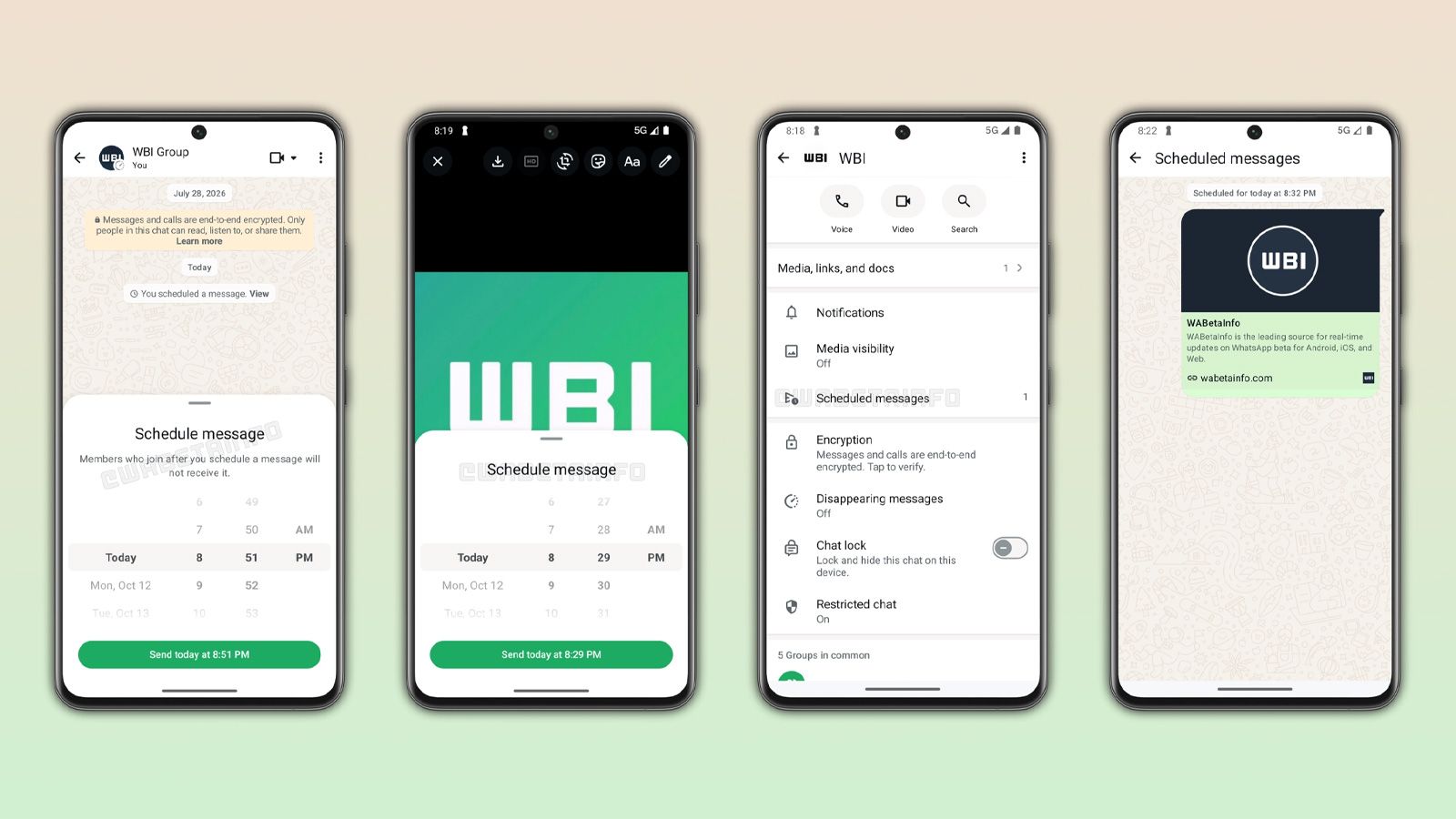 Cuatro capturas de pantalla de la interfaz de WhatsApp mostrando el proceso para programar mensajes, incluyendo el selector de fecha y hora y el menú de ajustes de chat.