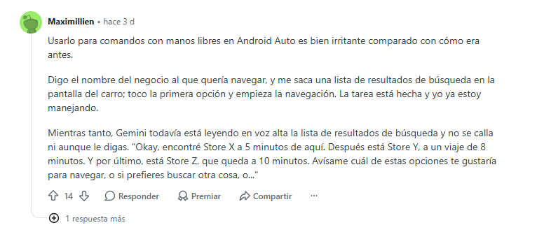 Captura de un comentario de un usuario detallando problemas de experiencia de uso con Gemini en Android Auto.