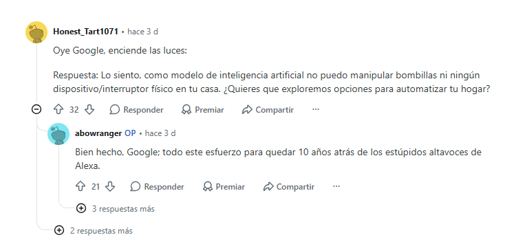Captura de un hilo en Reddit donde un usuario critica la incapacidad de Gemini para controlar luces inteligentes en comparación con otros asistentes.