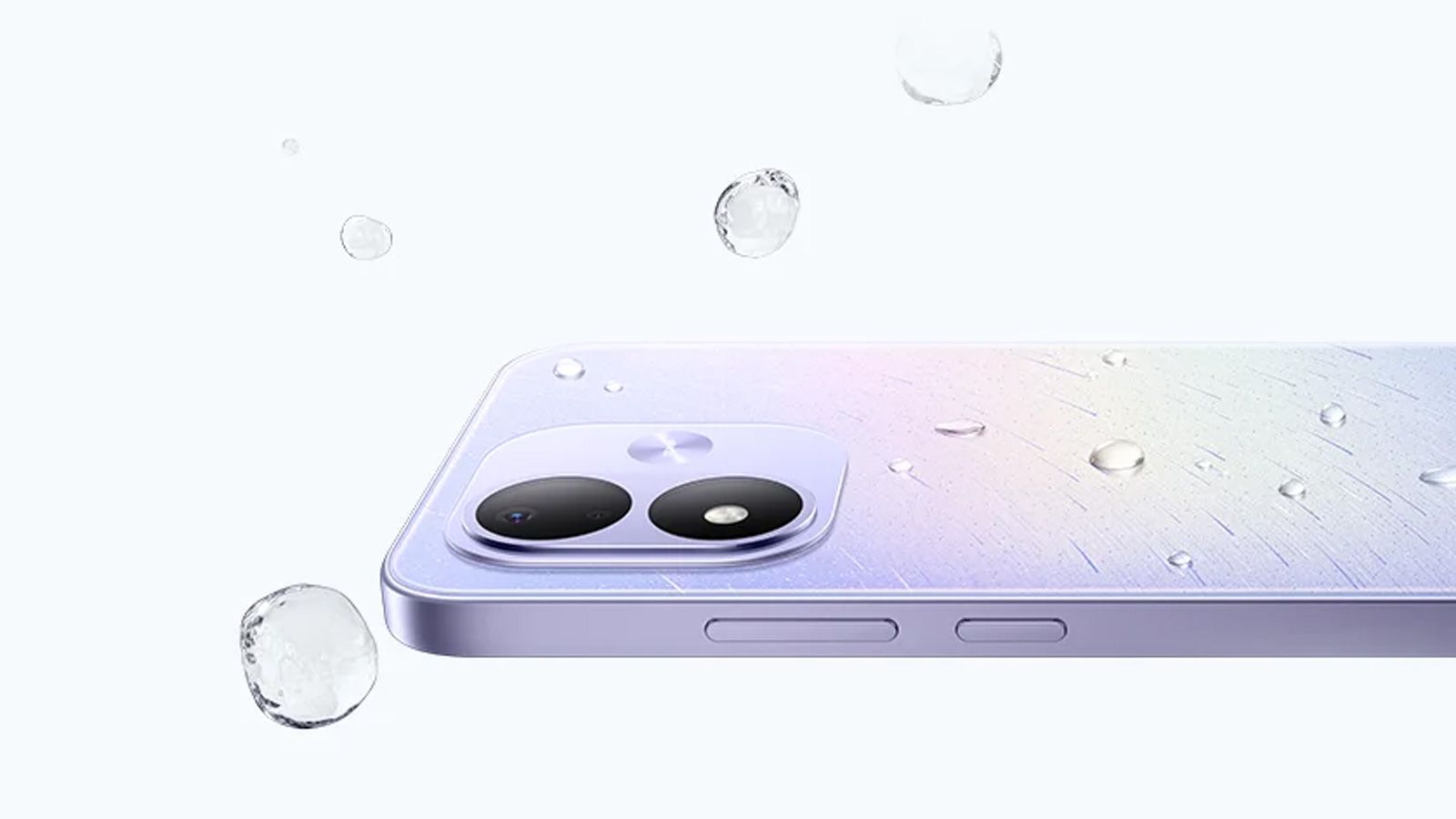Primer plano de la zona de cámaras y el chasis lateral del Redmi Note 17 5G con gotas de agua sobre su superficie.