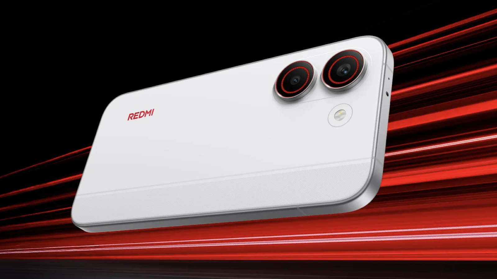 Vista trasera en ángulo del Redmi Turbo 5 de color blanco con logotipo en rojo sobre fondo de líneas dinámicas.