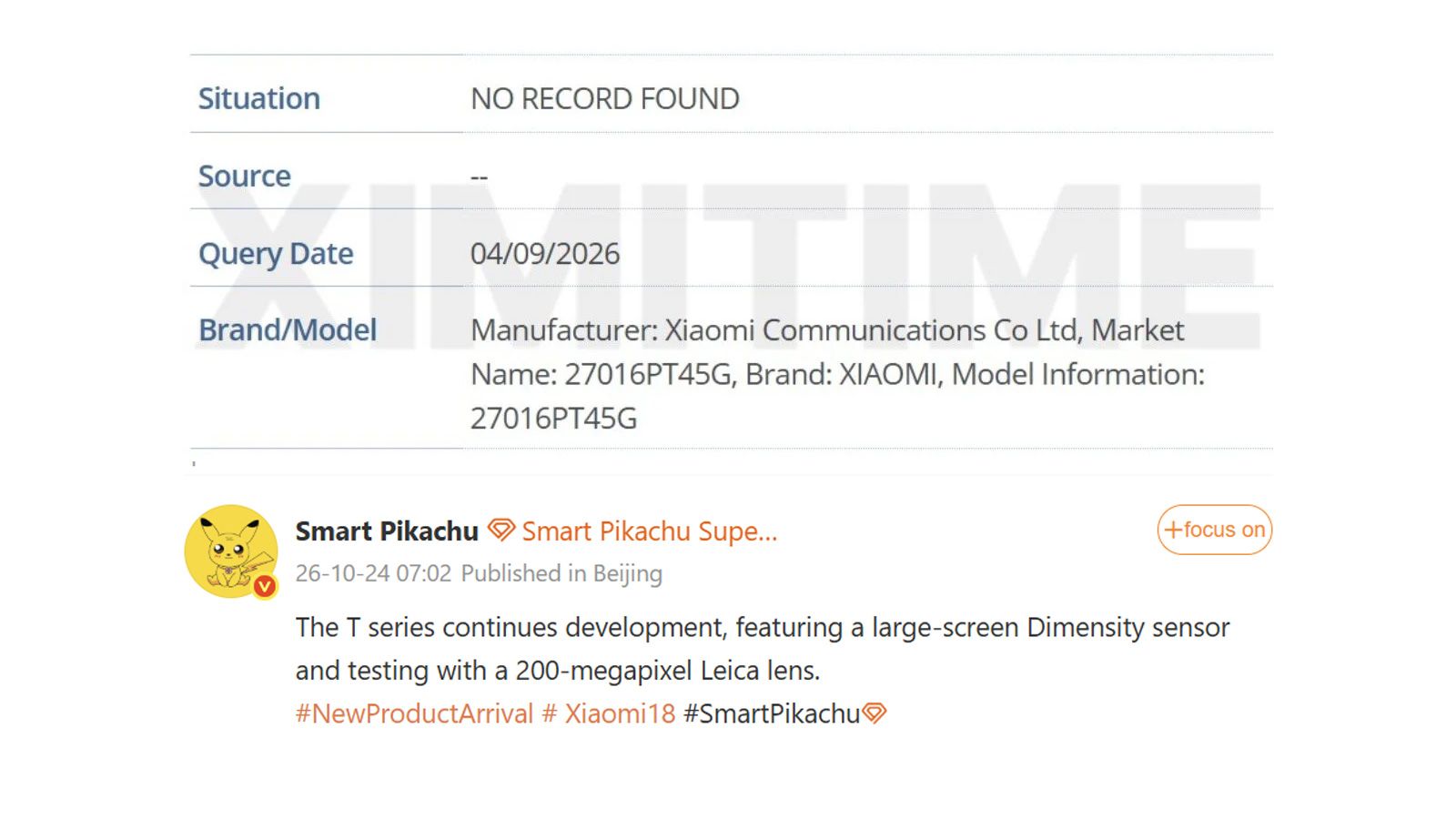Captura de pantalla de una base de datos con información técnica del modelo Xiaomi 27016PT45G y una publicación en Weibo sobre la serie T.