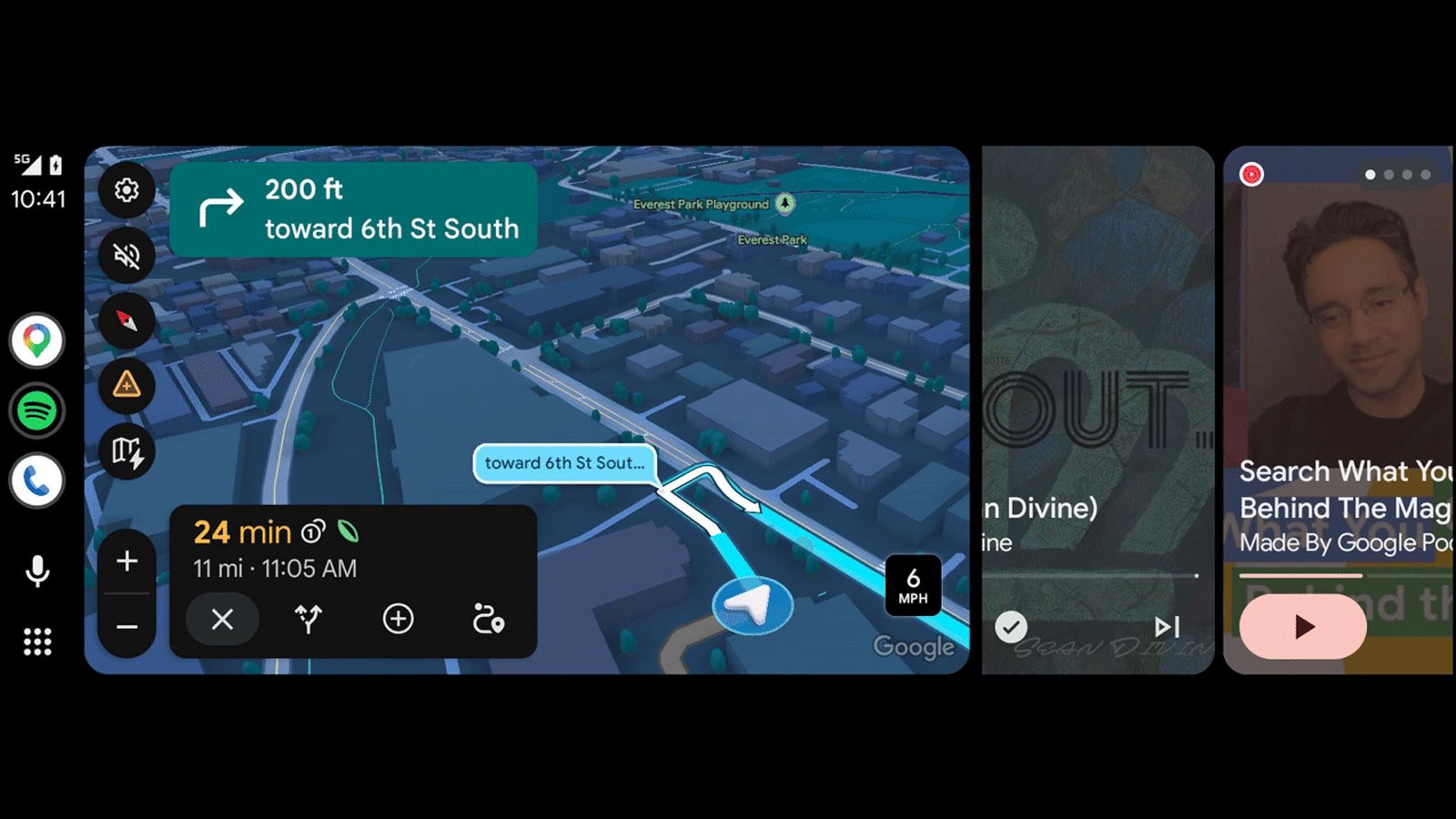 Interfaz de Android Auto con navegación de Google Maps y controles multimedia en pantalla dividida.
