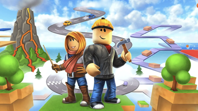 Dos personajes clásicos de Roblox en un entorno de juego con un volcán y pistas de carreras.