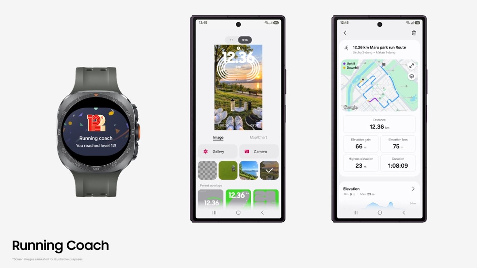 Reloj inteligente y dos pantallas de smartphone mostrando la interfaz de Running Coach con métricas de carrera y mapas.