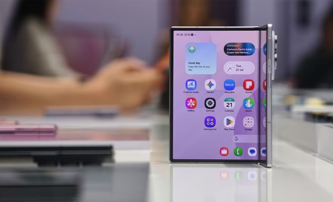 Smartphone plegable Samsung Galaxy Z-Fold8 apoyado verticalmente sobre una mesa blanca mostrando su pantalla principal con iconos de aplicaciones y widgets.