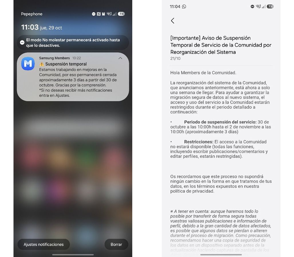 Captura de pantalla de la aplicación Samsung Members mostrando una notificación y un comunicado oficial sobre la suspensión temporal del servicio de comunidad.