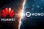 Logotipos de Huawei y Honor separados por una grieta luminosa sobre un fondo tecnológico.