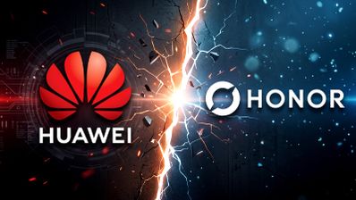Logotipos de Huawei y Honor separados por una grieta luminosa sobre un fondo tecnológico.