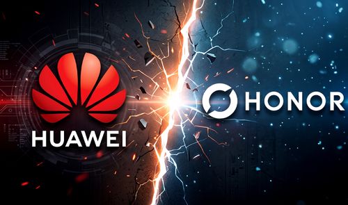 Logotipos de Huawei y Honor separados por una grieta luminosa sobre un fondo tecnológico.