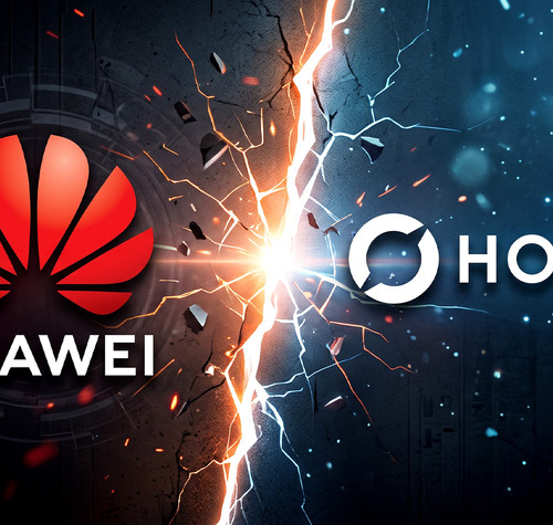 Logotipos de Huawei y Honor separados por una grieta luminosa sobre un fondo tecnológico.