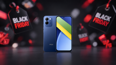 Teléfono POCO de color azul rodeado de etiquetas de descuento de Black Friday.