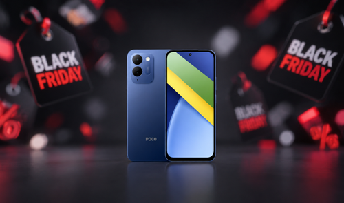 Teléfono POCO de color azul rodeado de etiquetas de descuento de Black Friday.
