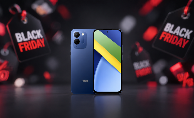 Teléfono POCO de color azul rodeado de etiquetas de descuento de Black Friday.