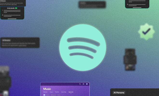 Logotipo de Spotify en el centro rodeado de elementos flotantes de la interfaz de usuario sobre fondo degradado morado y verde.
