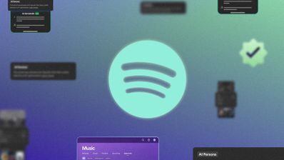 Logotipo de Spotify en el centro rodeado de elementos flotantes de la interfaz de usuario sobre fondo degradado morado y verde.