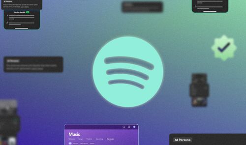 Logotipo de Spotify en el centro rodeado de elementos flotantes de la interfaz de usuario sobre fondo degradado morado y verde.