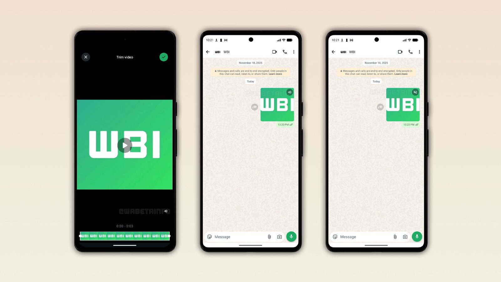 Tres terminales móviles mostrando la edición y visualización de un sticker de WBI en una aplicación de mensajería.