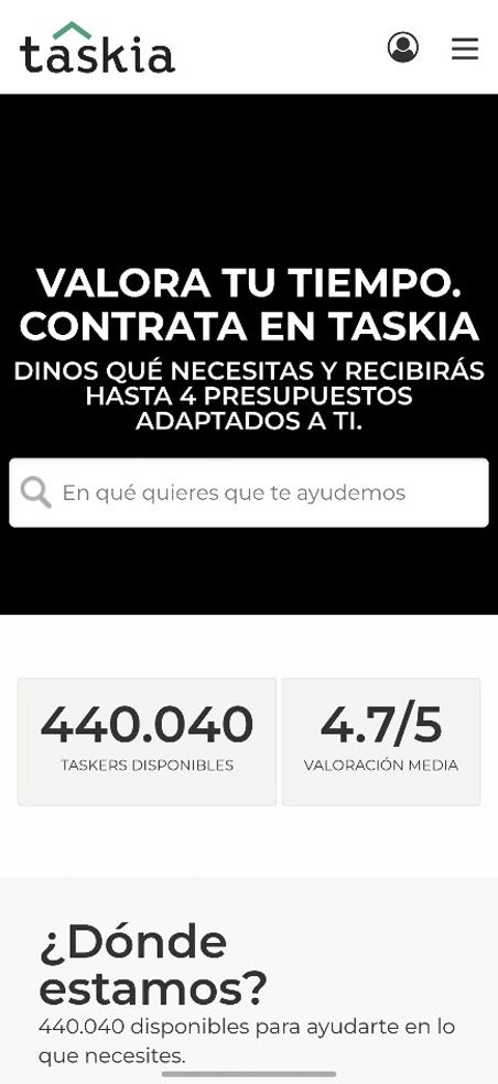 Interfaz de la aplicación Taskia con buscador de servicios y estadísticas de trabajadores disponibles.