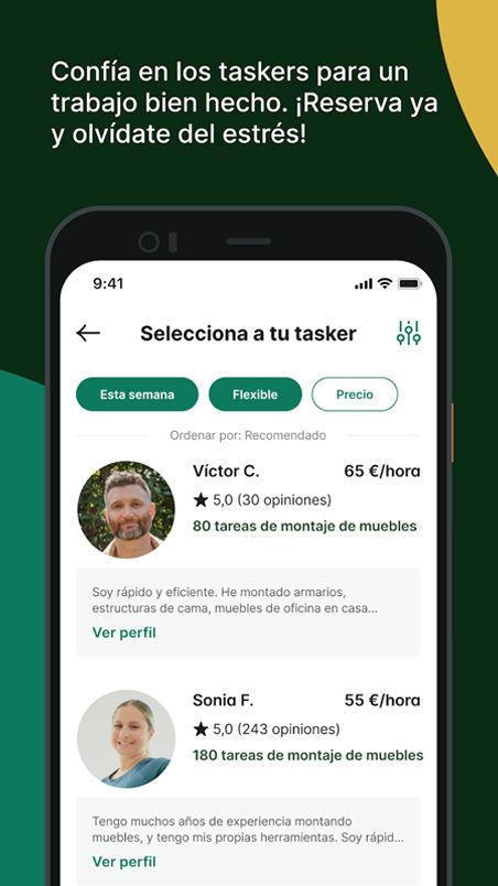 Interfaz de la aplicación Taskrabbit mostrando una lista de perfiles de taskers disponibles para montaje de muebles.