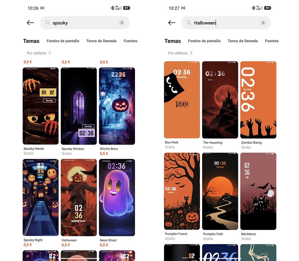Interfaz de la aplicación de temas de Xiaomi mostrando resultados de búsqueda para Halloween y Spooky con fondos de pantalla de terror.