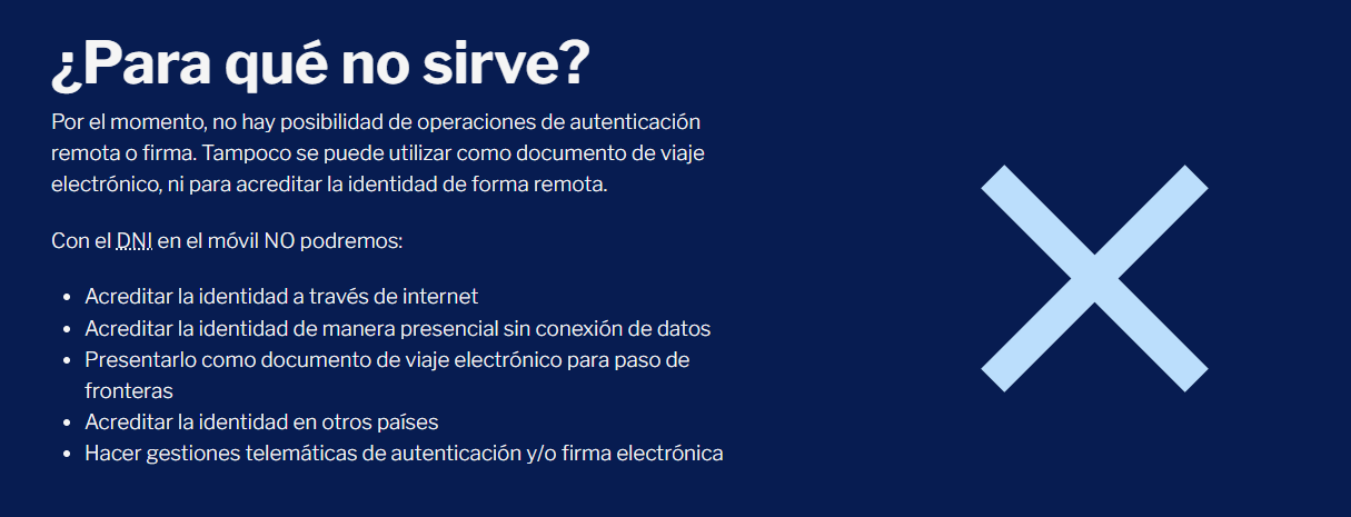 Infografía sobre las limitaciones de MIDNI en el móvil, detallando funciones de acreditación y firma electrónica no disponibles.