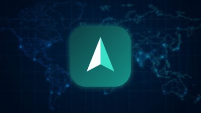 Icono de aplicación Vela Maps sobre un mapamundi digital con conexiones de red
