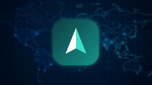 Icono de aplicación Vela Maps sobre un mapamundi digital con conexiones de red