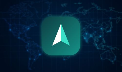 Icono de aplicación Vela Maps sobre un mapamundi digital con conexiones de red