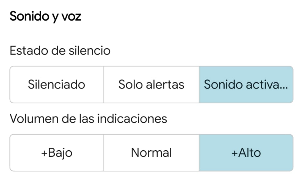 Sección de configuración de Sonido y voz en la interfaz de Google Maps con controles para el estado de silencio y el volumen de las indicaciones.